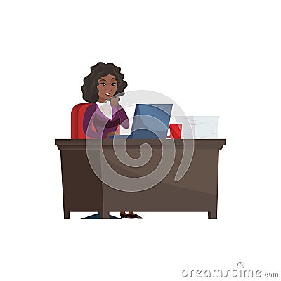 PensiveÂ black businesswoman at laptop Stock Photo